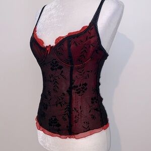 Vintage Black and Red Floral micro mesh Lace Bustier camisole